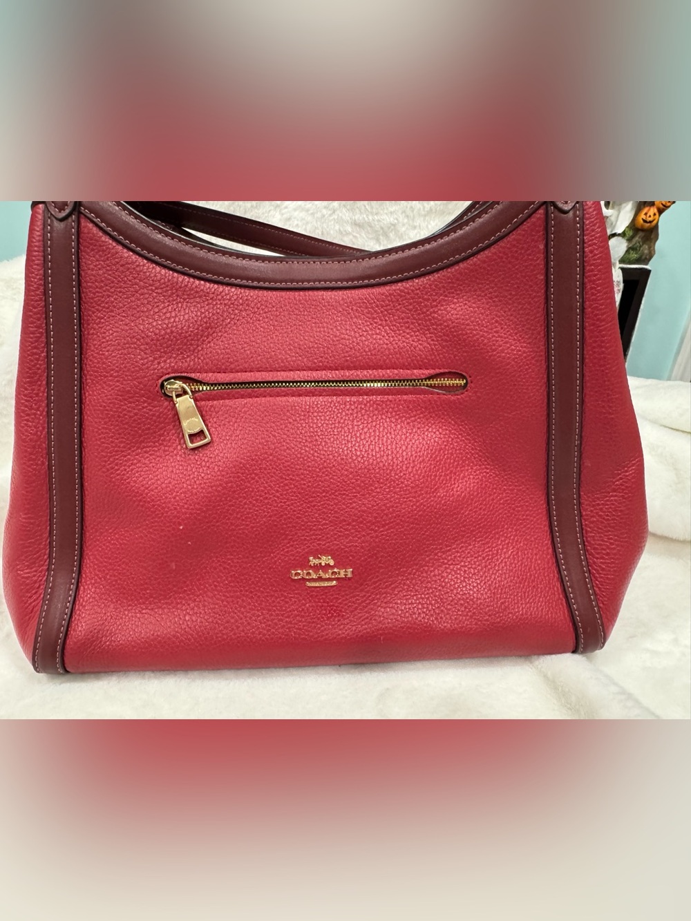 Coach Red Leather Shoulder Bag with Brown Trim and Gold Hardware-GUC